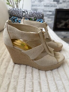 Michael Kors Natural Beige Espadrille Zip-Front Wedge Sandals